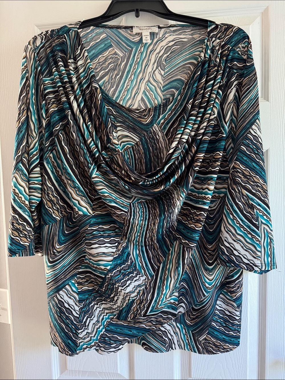 Dressbarn Teal, Black & Cream Draped Cowl Neck Blouse